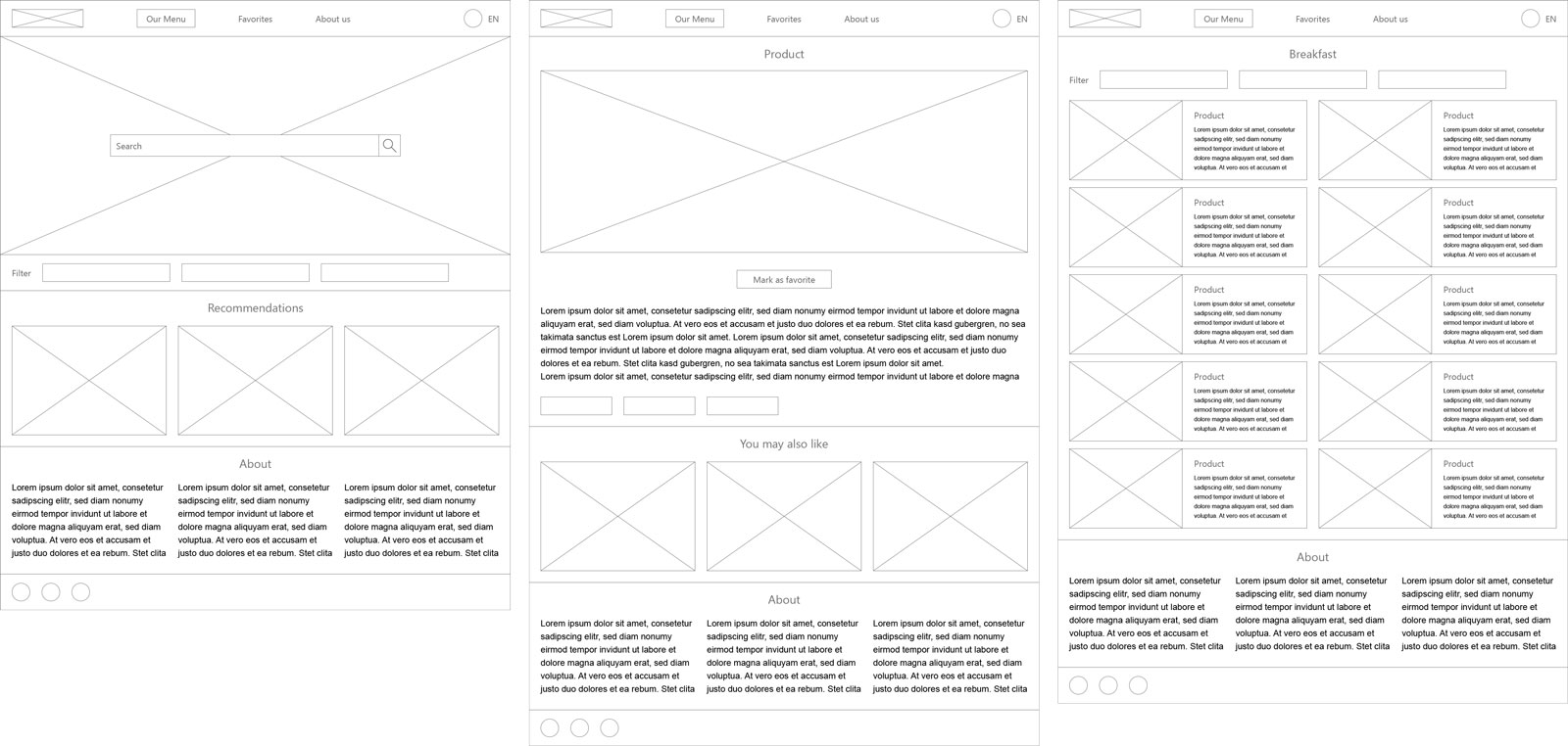 Digital Wireframes for Food menu app - Desktop version of responsive website